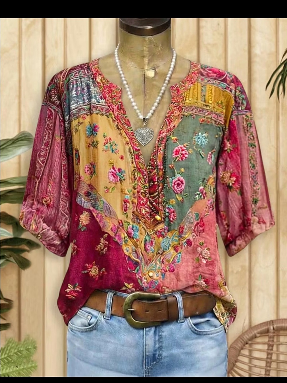 Mint Boutique Boho Floral Patchwork V-Neck Blouse - Multi